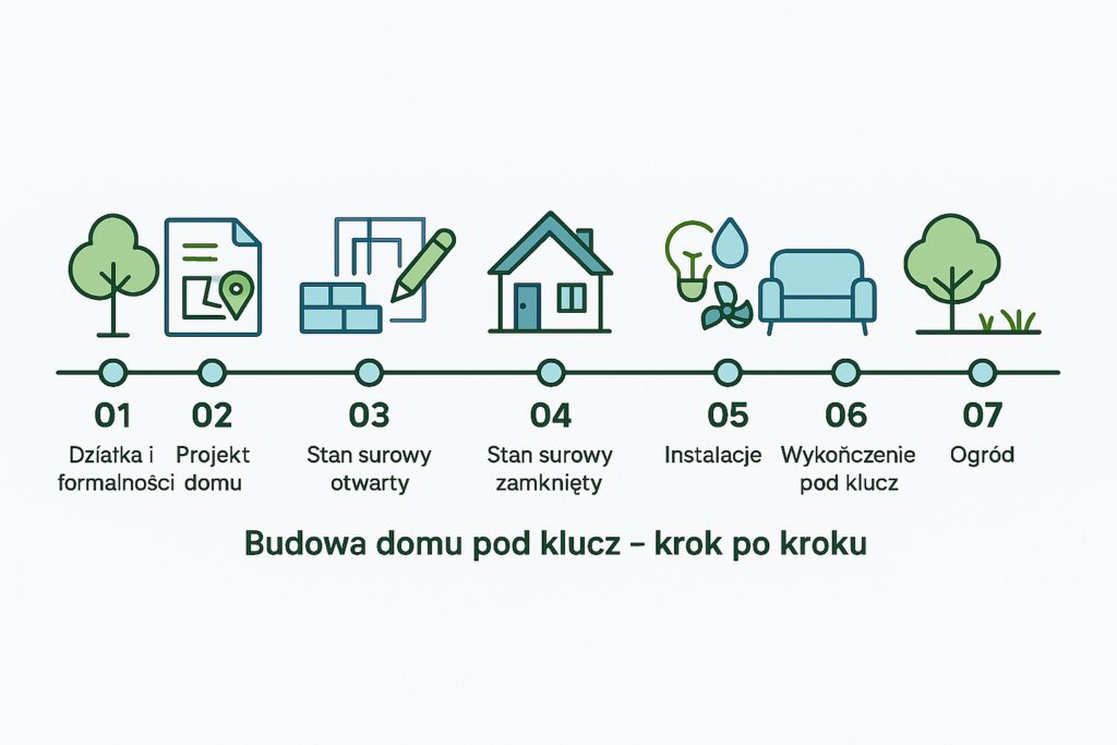 Budowa domu pod klucz krok po kroku – infografika z etapami inwestycji od działki po ogród