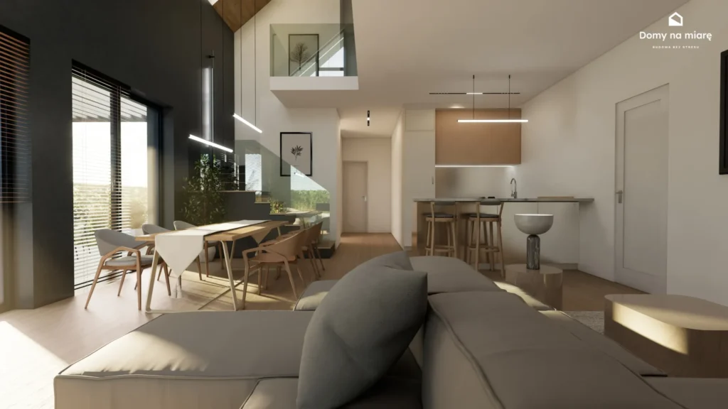 Wnętrze domu dwulokalowego w Poznaniu – wysoki salon i nowoczesna przestrzeń