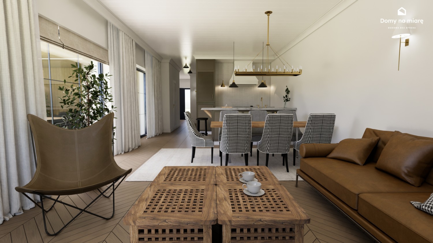 Nowoczesny salon w domu jednorodzinnym z jadalnią i kuchnią