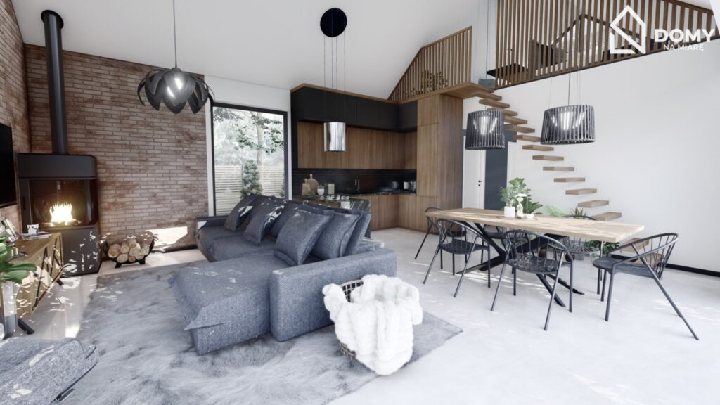 Salon premium w domu jednorodzinnym – wysokie wnętrze i naturalne materiały