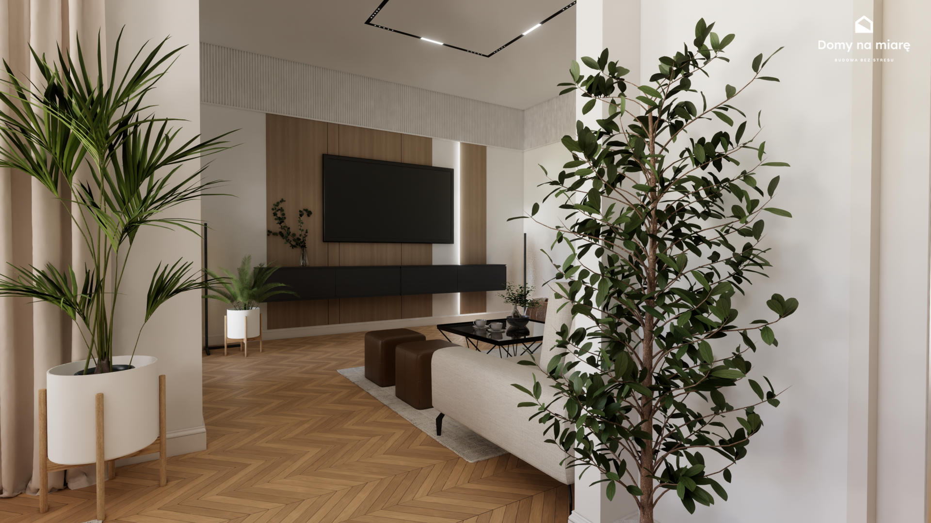 wizualizacja wnętrz 3D salonu w domu jednorodzinnym – projekt wnętrza przed wykończeniem