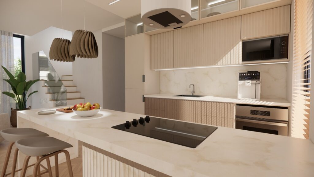 wizualizacja wnętrz 3D kuchni w domu jednorodzinnym – projekt przed realizacją