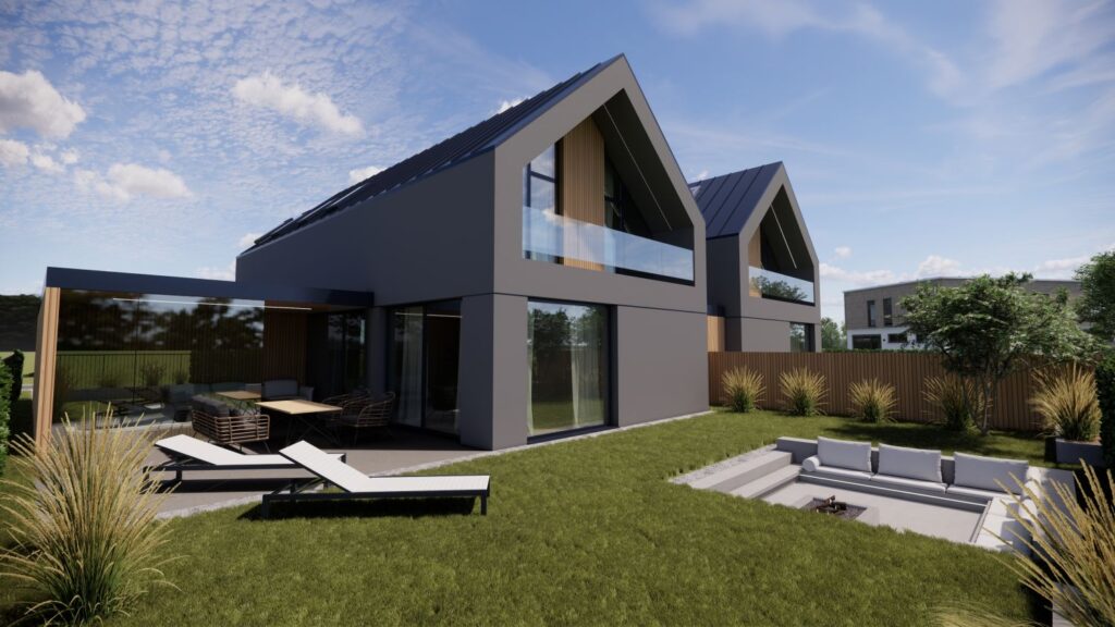 Dom dwulokalowy od strony ogrodu z tarasem i wydzieloną strefą prywatną