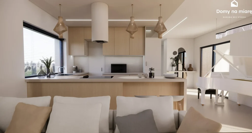 Kuchnia z wyspą w domu 150 m2 zaprojektowana jako część strefy dziennej