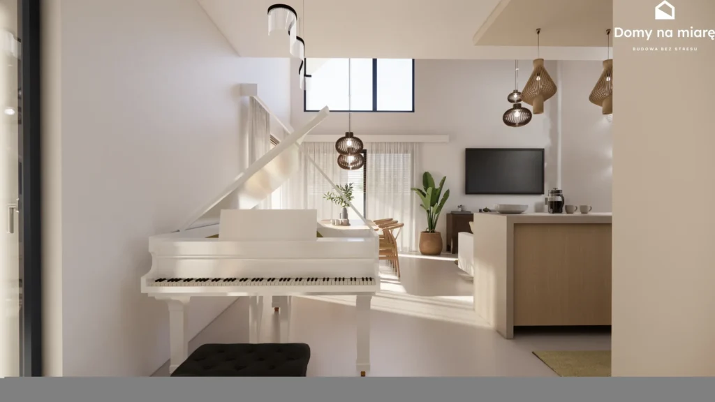 Strefa dzienna w domu 150 m2 z dużą ilością światła i wysokim sufitem