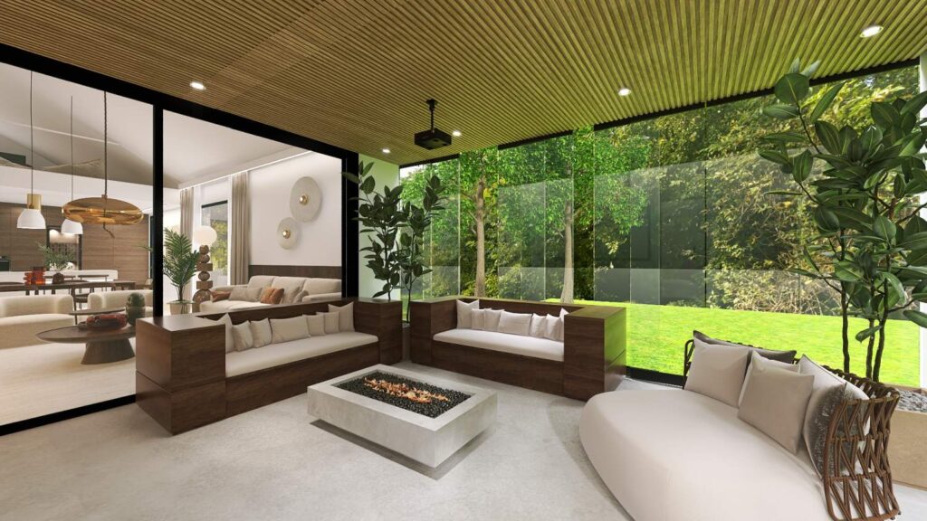 Strefa wypoczynku w domu premium z dużymi przeszkleniami i widokiem na ogród